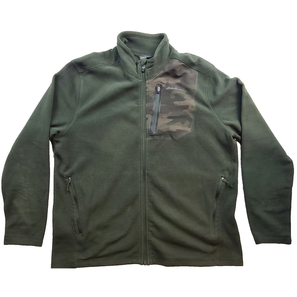 Eddie Bauer Fleece Jacket Mens XL Olive Green Camo Full Zip Hiking Camping Coat
